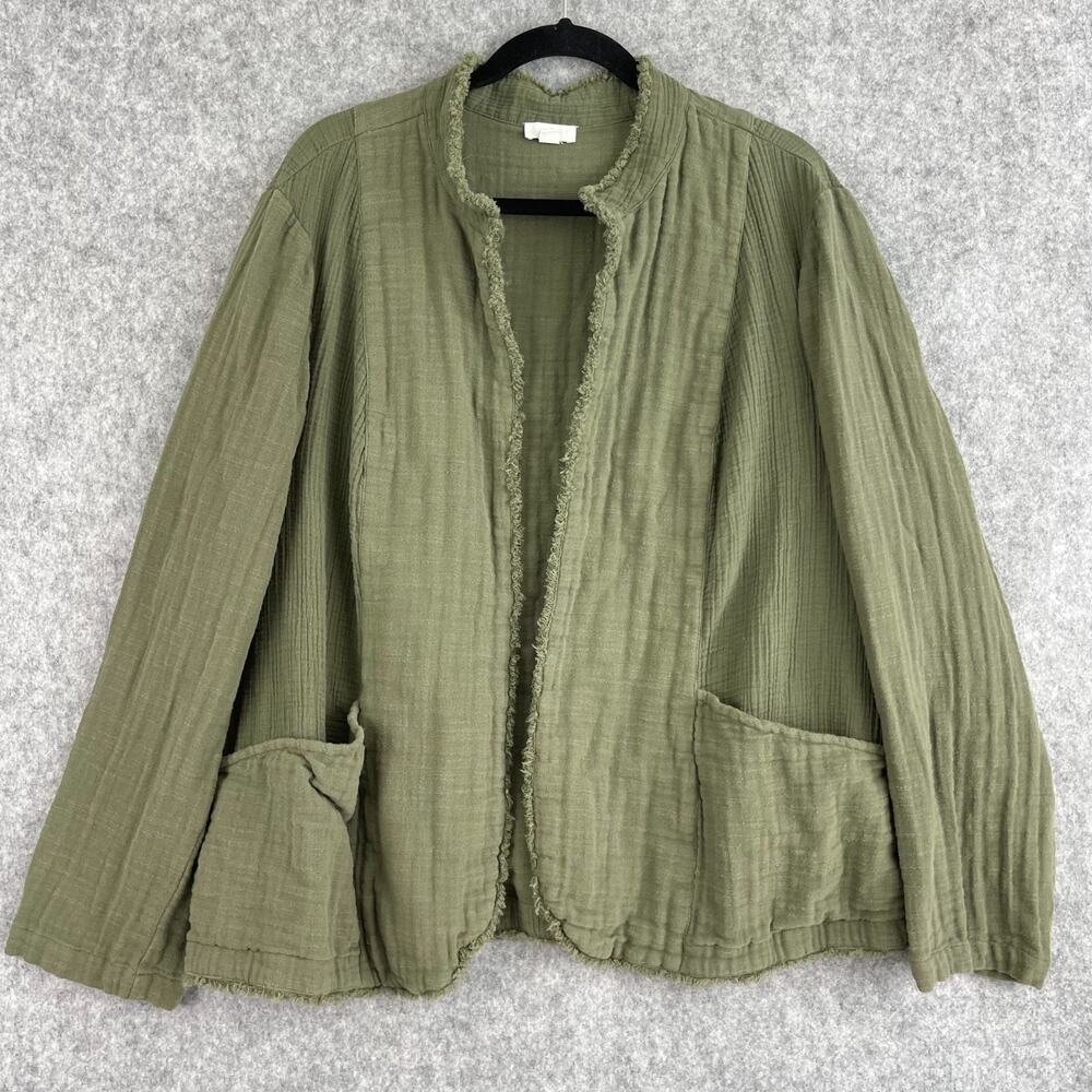 J Jill Cardigan Jacket Womens 2X Green Fringe Cotton Gauzy Minimal Coastal